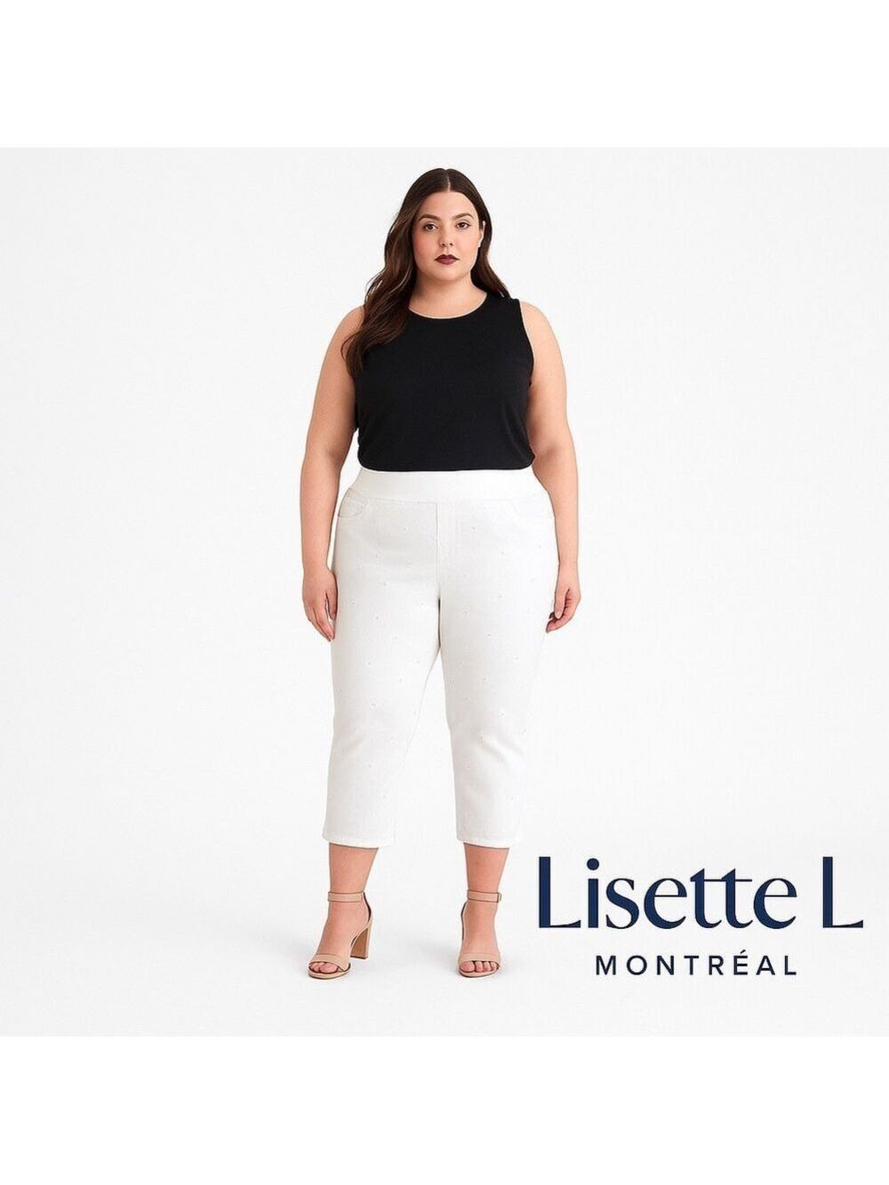 Lisette L. Stunning white crop jeans embroidered daisy discrete crystal plus 16